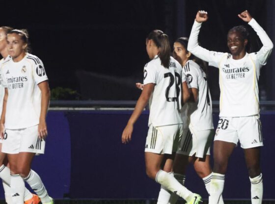 The Real Madrid players celebrate one of their goals against PSG in the Women's Champions League